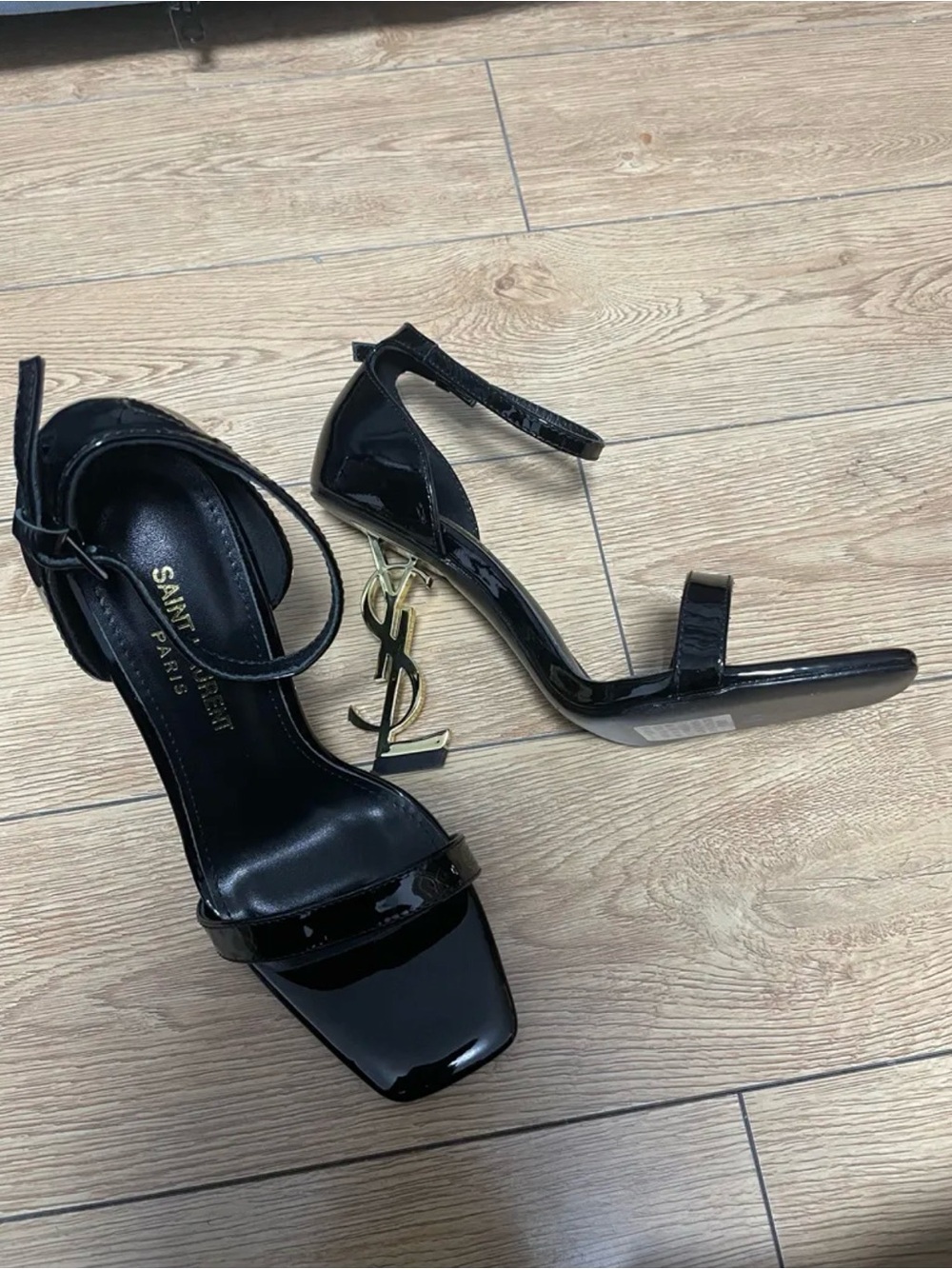 Saint Laurent Black Patent Heel Sandals with Gold YSL Sculpted Heel - Picture 3 of 3
